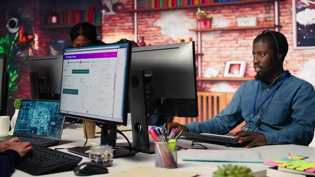 Call center agents dealing with unsatisfied customers using AI, talking in audio headset. Customer support workers handling clients complaints in company workspace using artificial intelligence