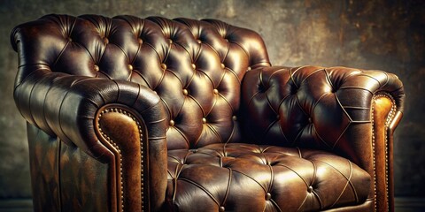 Obraz premium Luxurious Vintage Brown Leather Armchair with Deep Button Tufting and Detailed Stitching, Perfect for a Study or Library Setting