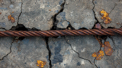 Collapsed Steel Beams Theme, Close up of rusted rebar emerging from cracked concrete surface