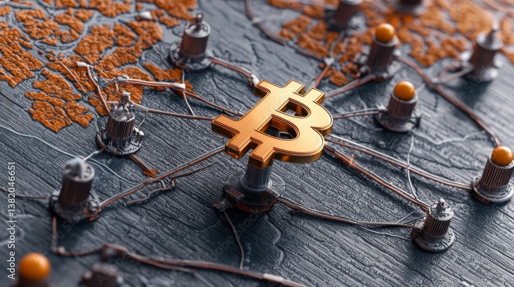 Poster bitcoin symbol connected to a network of nodes on a textured background