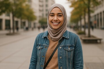 Smiling woman in urban setting.
