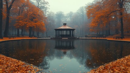 Autumnal Serenity: Gazebo Reflecting in Misty Pond
