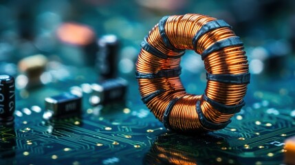 Copper coil atop a circuit board, showing intricate wiring and components