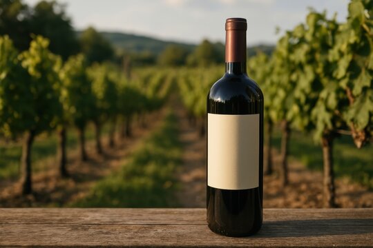 Elegant wine bottle vineyard backdrop.