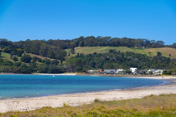 Fototapeta premium Cooks Beach, Coromandel Penisula, New Zealand. Houses at eastern end. Seawall prevents coastal erosion and protects beachfront properties.
