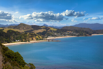 Coromandel Peninsula, New Zealand. Kūaotunu Beach and Rings Beach with Coromandel Ranges in distance. Pacific Ocean view.
