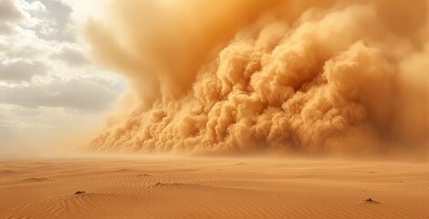Huge sandstorm rolling over sand dunes under a cloudy sky, digital art style on a desert background, concept of natural disaster and extreme weather. Ai generative