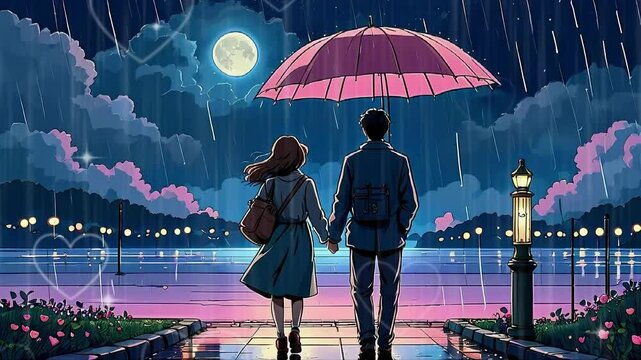 lofi love couple night love rain with  young woman with umbrella 4k video