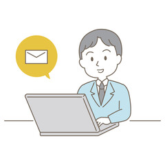 20～40代、小ぎれいな男性のビジネスシーン、シンプルかわいい線タイプ（メールでのやり取り・白背景）
