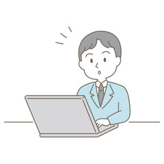 20～40代、小ぎれいな男性のビジネスシーン、シンプルかわいい線タイプ（気付く・白背景）
