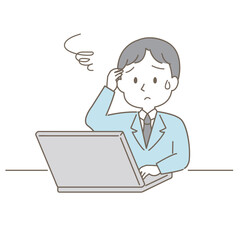 20～40代、小ぎれいな男性のビジネスシーン、シンプルかわいい線タイプ（退職代行を考える・白背景）
