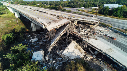 Collapsed Steel Beams Theme, Collapsed overpass with twisted metal and debris, showcasing structural failure