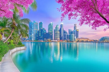 Obraz premium A stunning aerial view of Singapore Marina Bay, with vibrant lights reflecting on the water