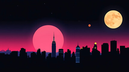 Night NYC Skyline, Double Moon, Pink Sunset