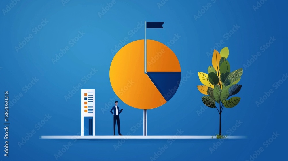 Aufkleber businessman analyzing data with a pie chart and tree in a modern design
