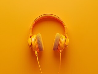 Top-down view headphones and a microphone on a bright orange background, perfect for creative podcast designs