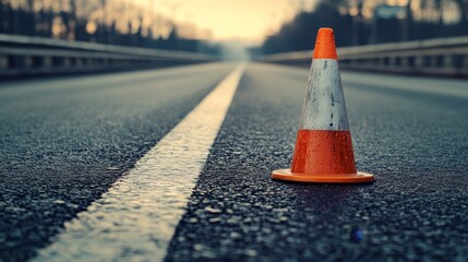 Orange traffic cone on empty road at dawn