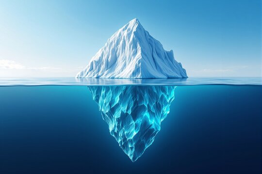 Large iceberg above and below ocean surface, stylized digital art, clear sky and calm sea background, concept of hidden depth and perception. Ai generative