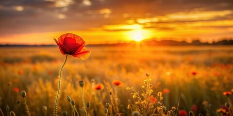 A single poppy flower bathed in the warm golden light of a breathtaking sunset, standing tall amidst a field of wildflowers
