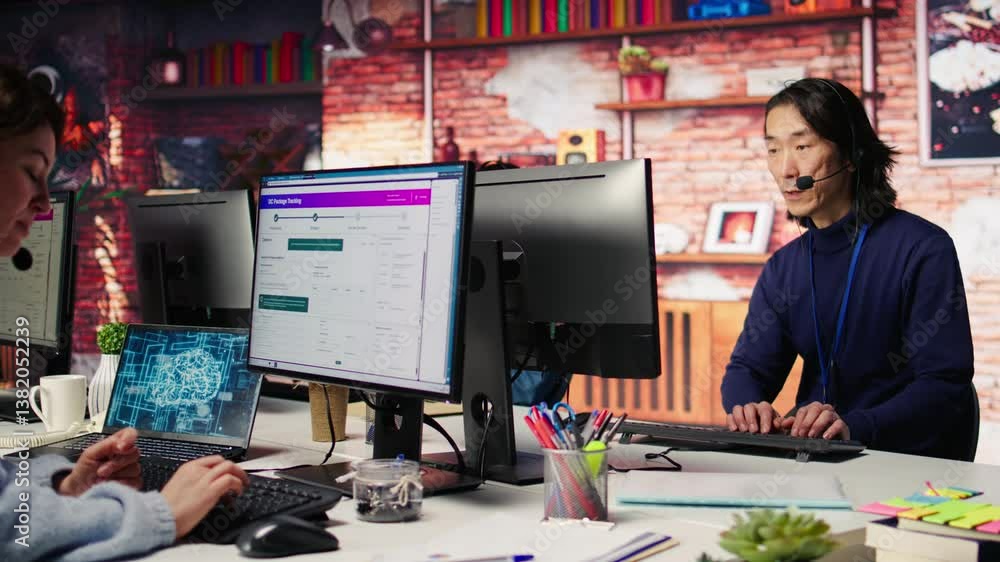 Poster it tech support employee assisting clients needing help, providing accurate information using ai. ca