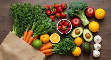 grocery bag placed in the center, bursting with vibrant, fresh fruits and vegetables like strawberries, lettuce, carrots, and avocados.
