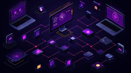 Digital network of devices connected with purple light in isometric perspective