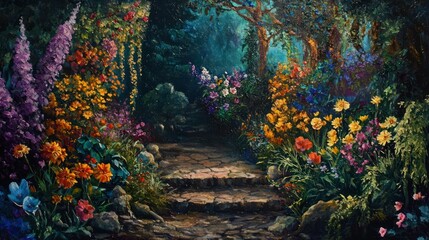Obraz premium A magical oil painting of a fairy garden with oversized flowers.