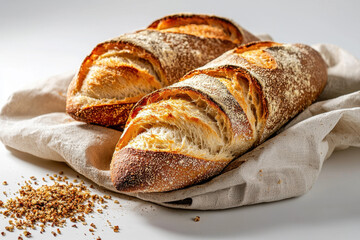 Naklejka premium Isolated freshly baked artisan baguette with crispy gold standard minimalist kitchen background food photography soft lighting close-up view gourmet concept