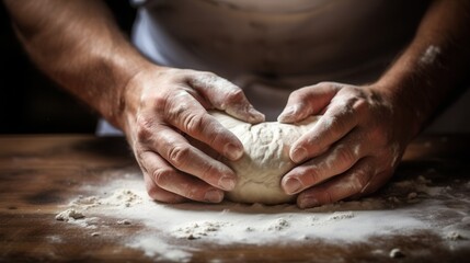 Hands Kneading Dough on Wooden Surface with Flour Dust Around