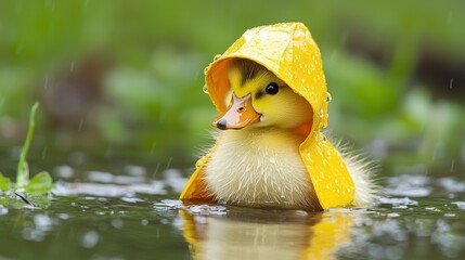 Duckling in a yellow raincoat stands in shallow water. Nature background