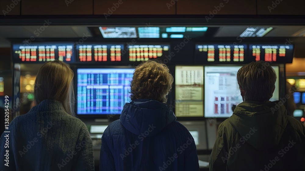 Aufkleber three individuals observe data on large screens, possibly in a financial or technological setting. i