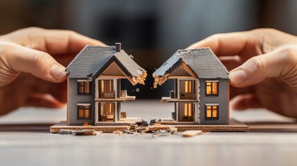 Hands cracking model home in two parts symbolizing separation and division