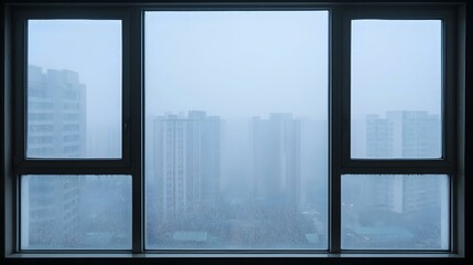 Fototapeta premium Foggy city view seen through a rain-streaked window. A moody, atmospheric image.