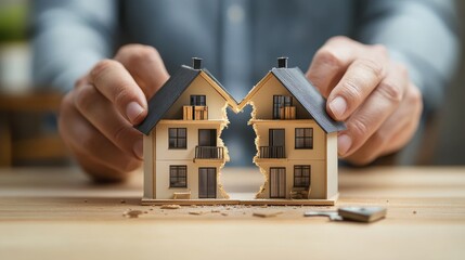Divorce settlement concept with house torn apart by caucasian male hands
