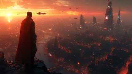 Fototapeta premium Guardian's Gaze: A solitary figure, draped in a flowing cape, surveys a sprawling futuristic cityscape bathed in the fiery hues of sunset.