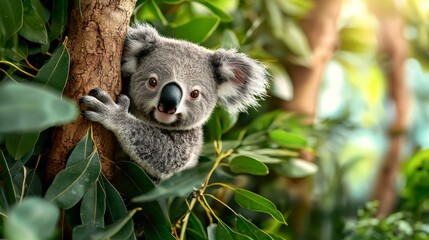 Fototapeta premium A curious koala peeks from behind a tree surrounded by lush green leaves