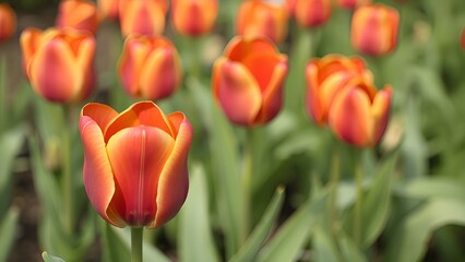 Fototapeta premium Vibrant orange and yellow tulips blooming in a garden. Rich colors, natural beauty, and spring freshness. Perfect for floral and nature-themed designs.