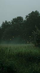 Fototapeta premium Magical fireflies illuminate a tranquil, misty field at twilight. Serene nature scene.