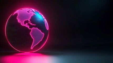 A glowing digital globe with vibrant neon colors symbolizing global connectivity and technology. Perfect for modern visuals. Bright world network image.