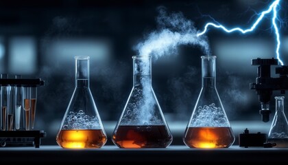 A mad scientists lab with strange contraptions bubbling beakers and lightning flashes photo. Fantastic gizmo workshop.