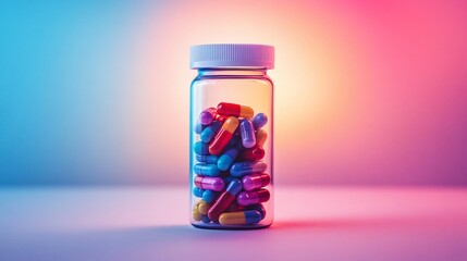 Colorful capsules in a clear glass bottle against a vibrant background.