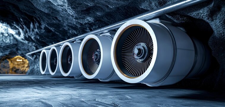 A shot of a mine s ventilation system with large fans and ducts ensuring airflow . Powerful mine air system.