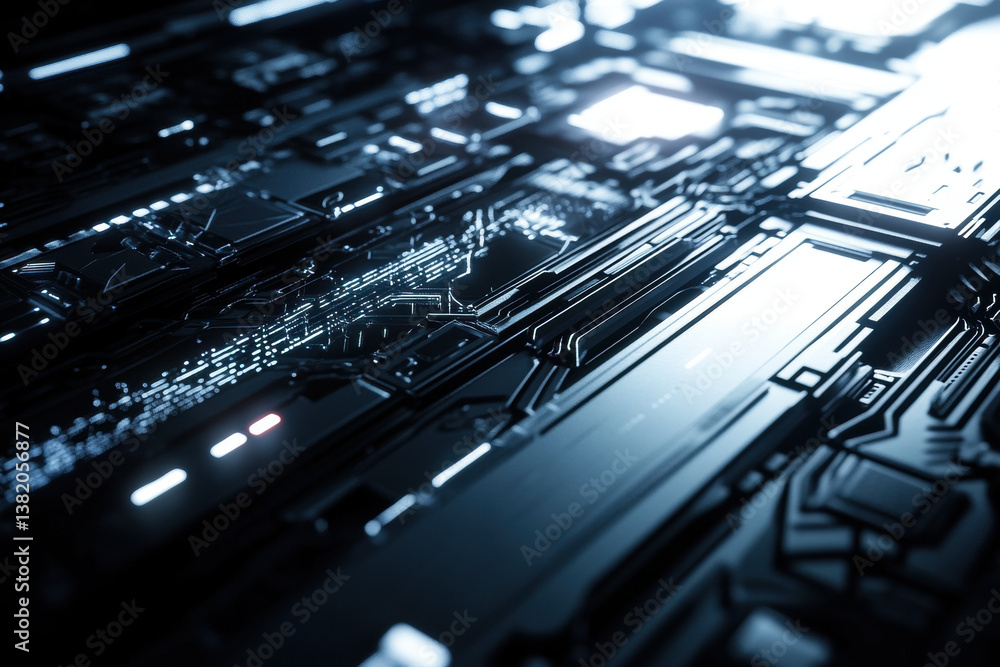 Aufkleber close up of a futuristic circuit board with glowing lights and complex patterns