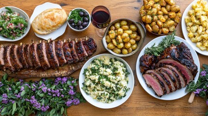 Feast on wooden table roasted meat, potatoes, bread, salad, wine, and floral decoration