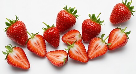 Fresh Strawberries Bright Red Juicy Fruit Scattered White Background. AI Generated