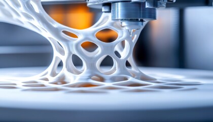 Innovative 3D printing machine creating a complex organic structure highlighting the precision and potential of additive manufacturing technology. New machine builds intricate shapes.