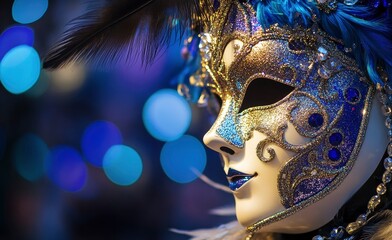 Naklejka premium Elaborate Venetian Carnival Mask Close-up with Blue and Gold Details
