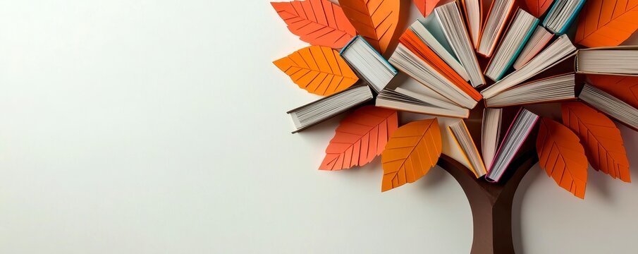International literacy day concept with tree with books like leaves. Literacy education knowledge concept with color books on tree on white background focus cover all object. Reading