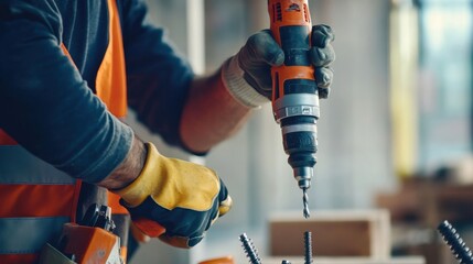 A construction worker operating an electric drill on-site. Featuring focus and safety