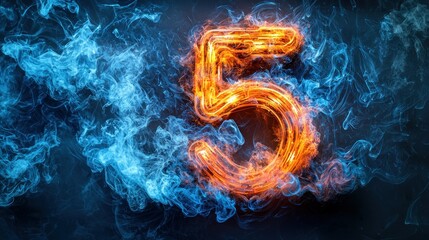 Fiery number five glows amidst cool blue smoke, a digital masterpiece